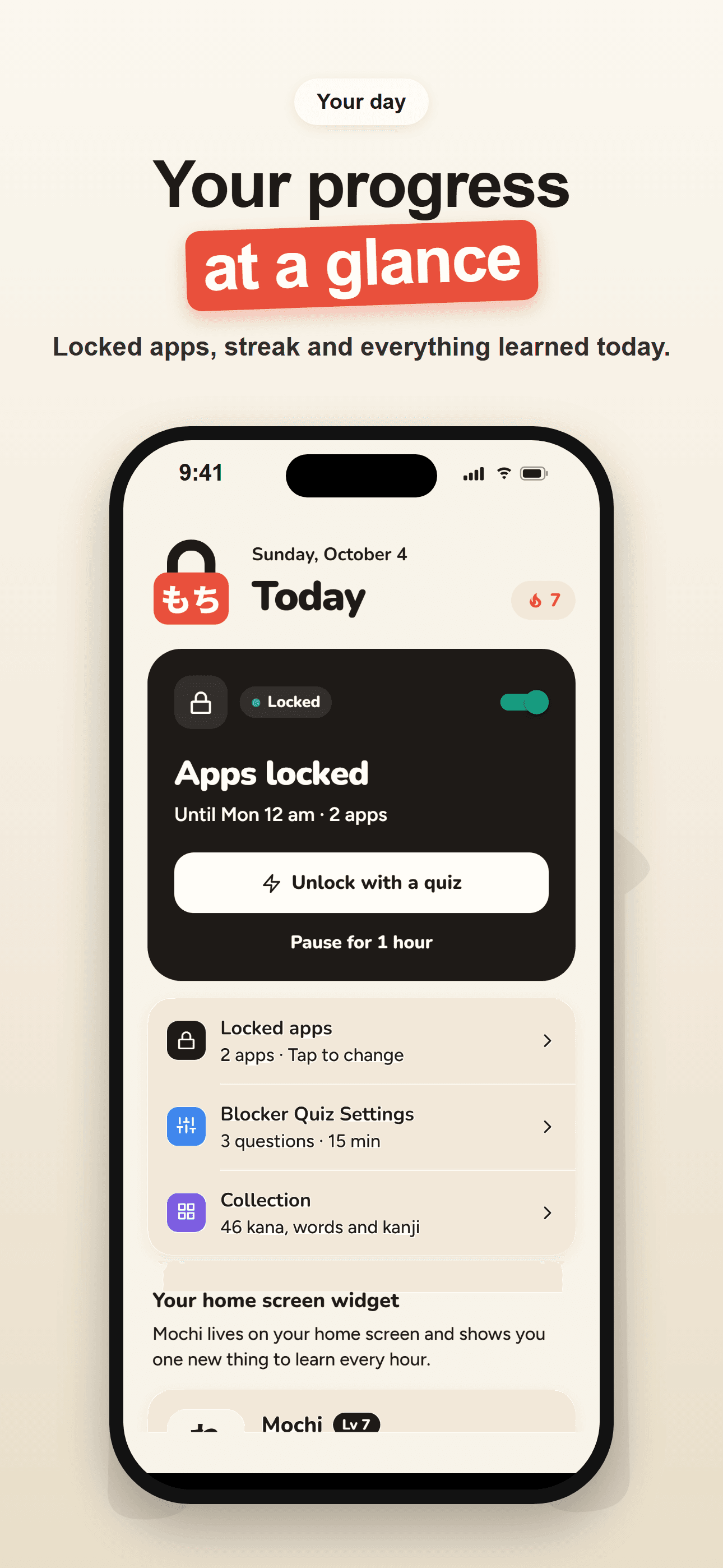 Your day at a glance: locked apps, streak and everything learned today